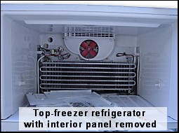 Top-freezer refrigerator with the evaporator cover panel removed exposing the evaporator (cooling) coil