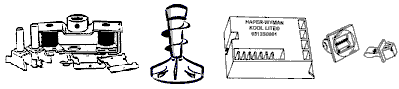 Illustrated (L-R) :   Whirlpool 'wig-wag' magnet control,    washing machine agitator,    gas range spark module and    a dryer door catch